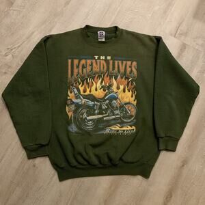 Vintage The Legend Lives Flames Biker Ride To Live Sweatshirt Mens Large L Green